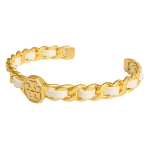 Tory Burch MARION Logo Woven Leather Cuff Chain Bracelet - Picture 1 of 5